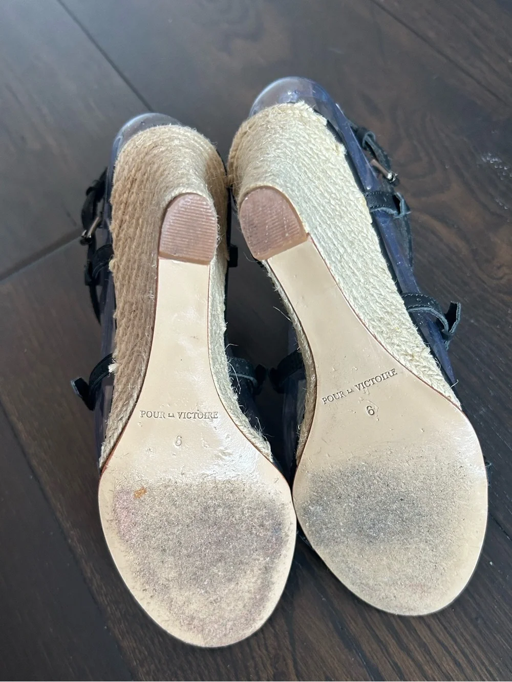 Pour La Victoire Betsy Black Leather Espadrille Wedge Sandals Size 6